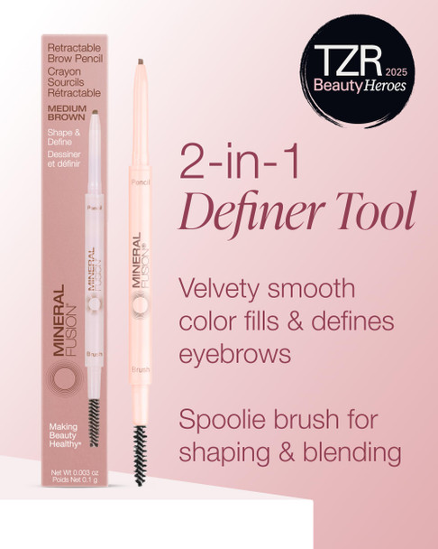 Mineral Fusion Retractable Brow Pencil (Medium Brown) - TZR 2025 Beauty Heroes Award Winner - Shape & Define Eyebrow with Blending Spoolie Brush - Velvety Smooth, Long-Lasting Color - Vegan Formula