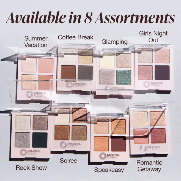 Mineral Fusion Eyeshadow Palette - Four Pressed Powder Shades in Matte, Glitter, and Shimmer Finishes - Natural, Lightweight Vegan Eye Makeup - (Girls Night Out)