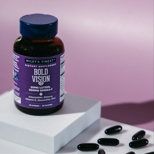 Wiley's Finest Wild Alaskan Fish Oil Bold Vision - Fish Oil Eye Health Supplement with Lutein, Zeaxanthin, Bilberry, Omega-7, Vitamin E, and Zinc - 60 Softgels (30 Servings)