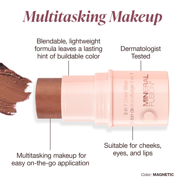 Mineral Fusion 3-in-1 Color Stick - Nourishing Cream Tint for Cheek, Lip and Eye - Blendable, Lightweight Coverage - Travel Friendly, Hypoallergenic, Paraben Free (Magnetic)