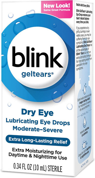 BLINK GelTears Eye Drops for Dry Eyes, Moisturizing & Soothing for Moderate to Severe Dry Eyes, Instantly Soothes, Moisturizes & Provides Long-Lasting Hydration for Day & Night Relief, 0.34 Fl Oz