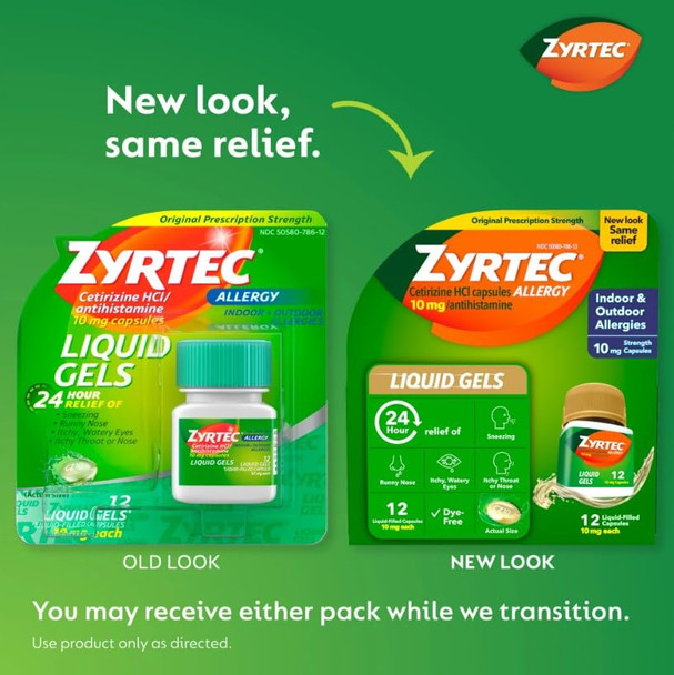 Zyrtec 24 Hour Allergy Relief Liquid Gels, Antihistamine Capsules with Cetirizine HCl Allergy Medicine for All-Day Relief from Runny Nose, Sneezing, Itchy Eyes & More, 12 Count