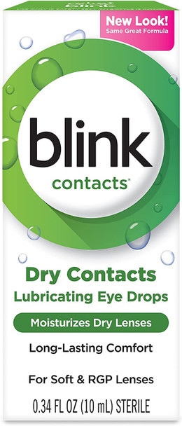 Blink Contacts Lubricating Eye Drops with Hyaluronate, Moisturizing & Soothing for Soft & RGP Contact Lenses, Refreshes Lenses, Hydrating & Comforting Daily Eye Care, 0.34 Fl Oz