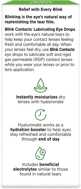 Blink Contacts Lubricating Eye Drops with Hyaluronate, Moisturizing & Soothing for Soft & RGP Contact Lenses, Refreshes Lenses, Hydrating & Comforting Daily Eye Care, 0.34 Fl Oz