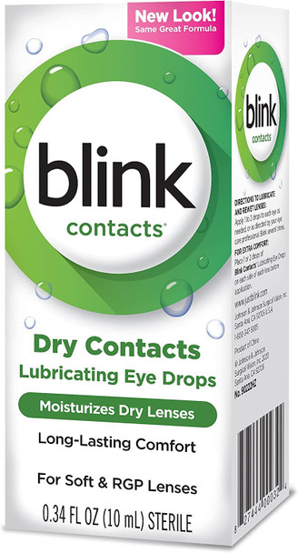 Blink Contacts Lubricating Eye Drops with Hyaluronate, Moisturizing & Soothing for Soft & RGP Contact Lenses, Refreshes Lenses, Hydrating & Comforting Daily Eye Care, 0.34 Fl Oz
