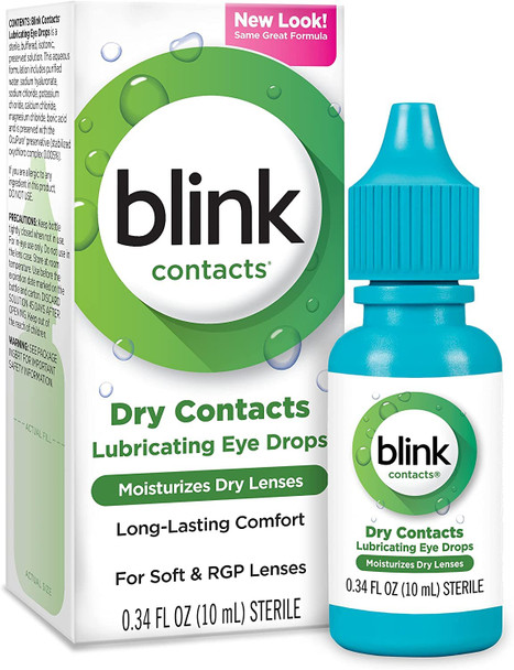 Blink Contacts Lubricating Eye Drops with Hyaluronate, Moisturizing & Soothing for Soft & RGP Contact Lenses, Refreshes Lenses, Hydrating & Comforting Daily Eye Care, 0.34 Fl Oz