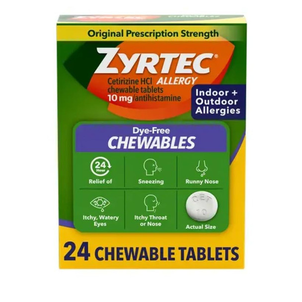 Zyrtec 24 Hour Allergy Relief Chewable Tablets, 10 mg Cetirizine Hydrochloride Antihistamine, Dye-Free Allergy Medicine for Runny Nose, Sneezing, Itchy, Watery Eyes, Indoor & Outdoor Allergies, 24 ct