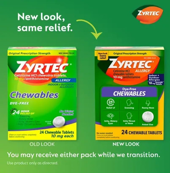 Zyrtec 24 Hour Allergy Relief Chewable Tablets, 10 mg Cetirizine Hydrochloride Antihistamine, Dye-Free Allergy Medicine for Runny Nose, Sneezing, Itchy, Watery Eyes, Indoor & Outdoor Allergies, 24 ct