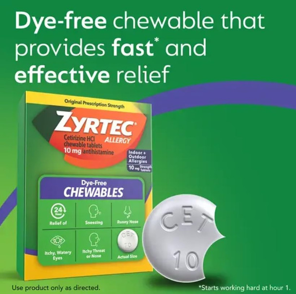 Zyrtec 24 Hour Allergy Relief Chewable Tablets, 10 mg Cetirizine Hydrochloride Antihistamine, Dye-Free Allergy Medicine for Runny Nose, Sneezing, Itchy, Watery Eyes, Indoor & Outdoor Allergies, 24 ct