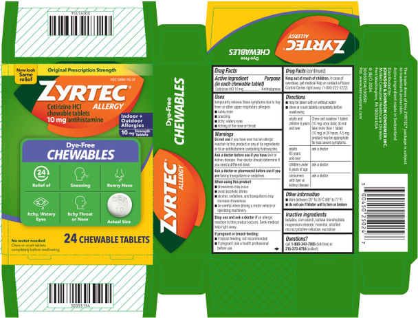 Zyrtec 24 Hour Allergy Relief Chewable Tablets, 10 mg Cetirizine Hydrochloride Antihistamine, Dye-Free Allergy Medicine for Runny Nose, Sneezing, Itchy, Watery Eyes, Indoor & Outdoor Allergies, 24 ct