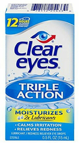 Clear Eyes Triple Action Lubricant Eye Drops Relieves Redness 0.5 Oz Pack of 6