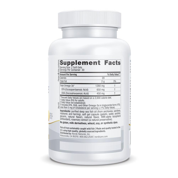 Nordic Naturals ProOmega, Lemon Flavor - 60 Soft Gels - 1280 mg Omega-3 - High Potency Fish Oil with EPA & DHA - Promotes Brain, Eye, Heart, & Immune Health - Non-GMO - 30 Servings