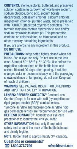 Refresh Contacts Contact Lens Comfort Drops For Dry Eyes Sterile 0.4 Oz 3 Pack