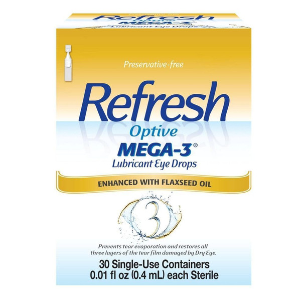 Refresh Optive MEGA-3 Lubricant Eye Drops Preservative-Free Artificial Tears, 0.01 fl oz (0.4 mL), 30 Single-Use Containers