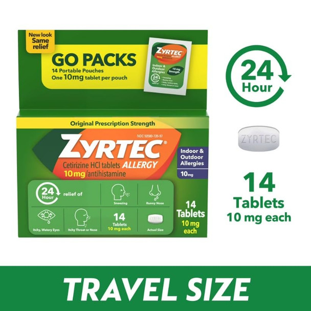 Zyrtec 24 Hour Allergy Relief Tablets, Antihistamine Indoor & Outdoor Anti Allergy Medicine + Cetirizine HCl, Relief from Runny Nose, Sneezing, & Itchy Eyes, Single Packs, 14 x 1 ct Packets