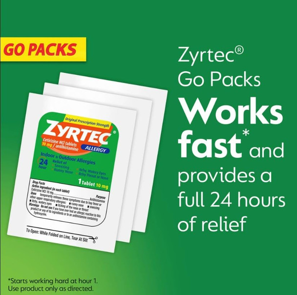 Zyrtec 24 Hour Allergy Relief Tablets, Antihistamine Indoor & Outdoor Anti Allergy Medicine + Cetirizine HCl, Relief from Runny Nose, Sneezing, & Itchy Eyes, Single Packs, 14 x 1 ct Packets