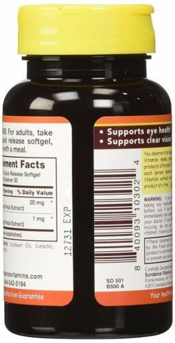 Sundance Vitamins Dietary Supplement Lutein Softgels For Eye Health 20 mg 30 Ct