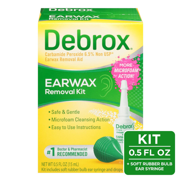 Debrox Ear Wax Removal Kit, Bulb Syringe & 0.5 Fl Oz Ear Wax Removal Drops with Carbamide Peroxide - Remove Earwax Which Can Contribute to Muffled Hearing, Ear Discomforts, and Tinnitus