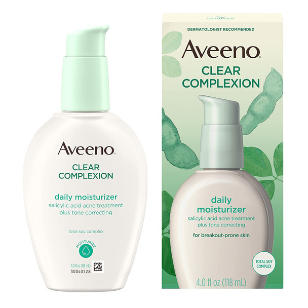 Aveeno Positively Radiant Clear Complexion Face Moisturizer, Acne Facial Moisturizer with Soy and Salicylic Acid for Oily Skin, Hypoallergenic Formula, Paraben-Free, Non-Comedogenic, Pump, 4 FL OZ