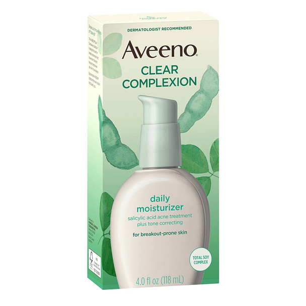Aveeno Positively Radiant Clear Complexion Face Moisturizer, Acne Facial Moisturizer with Soy and Salicylic Acid for Oily Skin, Hypoallergenic Formula, Paraben-Free, Non-Comedogenic, Pump, 4 FL OZ