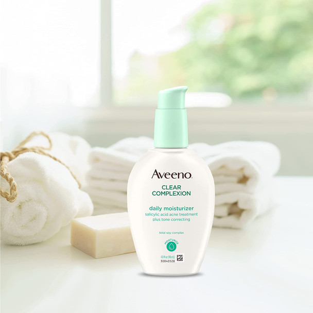 Aveeno Positively Radiant Clear Complexion Face Moisturizer, Acne Facial Moisturizer with Soy and Salicylic Acid for Oily Skin, Hypoallergenic Formula, Paraben-Free, Non-Comedogenic, Pump, 4 FL OZ