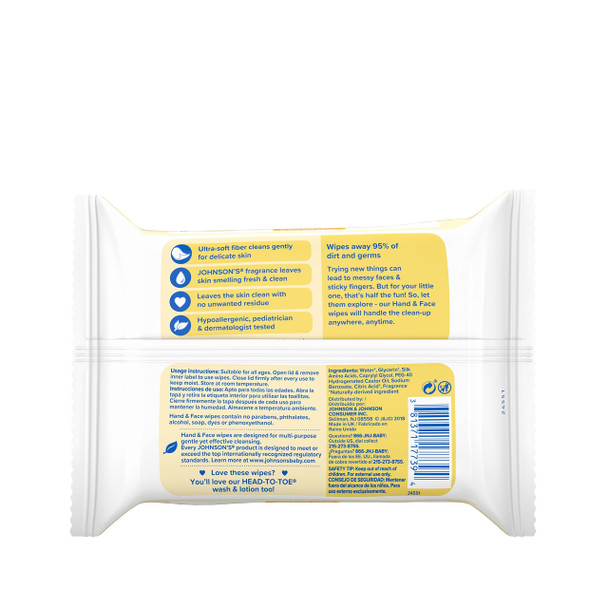 Johnson's Hand & Face Baby Sanitizing Cleansing Wipes for Travel and On-the-Go, No More Tears Formula, Paraben and Alcohol Free, 25 ct