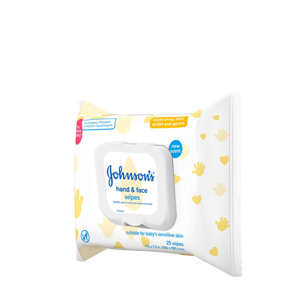 Johnson's Hand & Face Baby Sanitizing Cleansing Wipes for Travel and On-the-Go, No More Tears Formula, Paraben and Alcohol Free, 25 ct