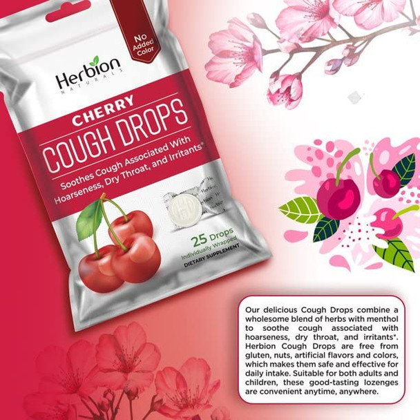 HERBION Naturals Cough Drops with Natural Cherry Flavor, Dietary Supplement, Soothes Cough, for Adults and Children Over 6 Years, 25 Drops, No Artificial Flavor, Pack of 1