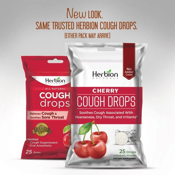 HERBION Naturals Cough Drops with Natural Cherry Flavor, Dietary Supplement, Soothes Cough, for Adults and Children Over 6 Years, 25 Drops, No Artificial Flavor, Pack of 1