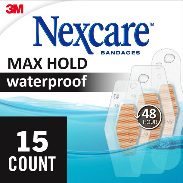 Nexcare Max Hold Waterproof Bandages, Stays On for 48 Hours, Flexible Bandages for Fingers, Knees and Heels - 15 Pack Clear Waterproof