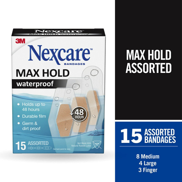 Nexcare Max Hold Waterproof Bandages, Stays On for 48 Hours, Flexible Bandages for Fingers, Knees and Heels - 15 Pack Clear Waterproof