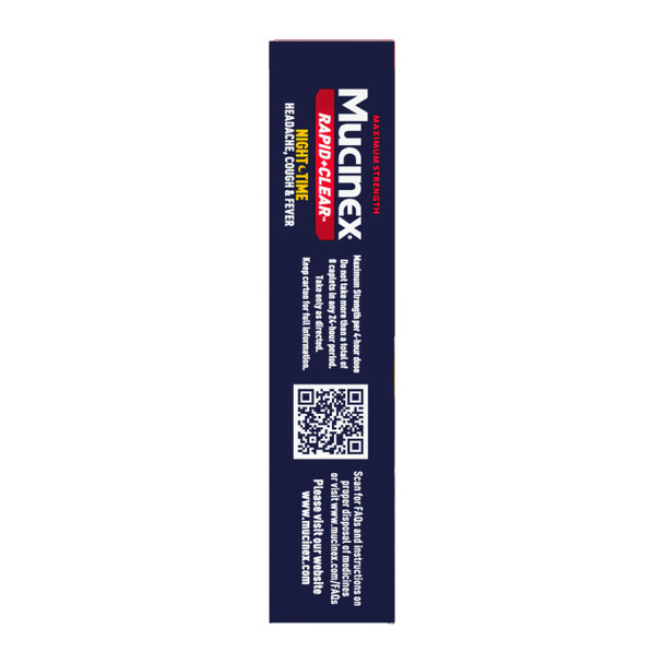 Mucinex Rapid+Clear Nighttime Cold and Flu Medicine for Adults, Maximum Strength Cold Medicine for Cough, Fever, Pain, Headache, & Runny Nose Relief, Rapid Release Caplets for Adults, 20 Count