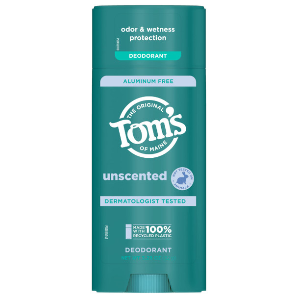 Toms of Maine Unscented Aluminum Free Natural Deodorant For Women & Men | Goes on Clear | Odor & Wetness Protection | Naturally Derived and Moisture-Locking Ingredients | 3.25 oz