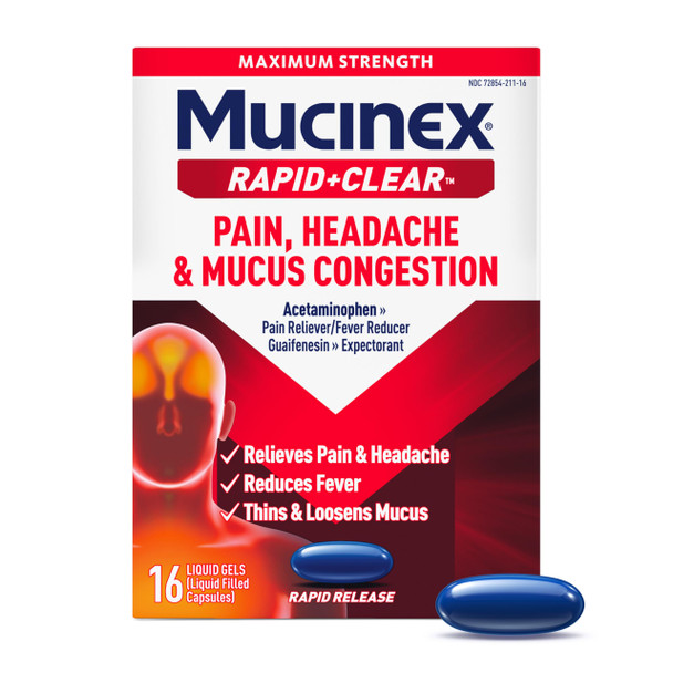 Mucinex Rapid+Clear Maximum Strength Cold Medicine & Expectorant, Fever, Pain, Headache, & Excess Mucus Relief with Acetaminophen & Guaifenesin, Rapid Release Liquid Gels for Adults, 16 Count