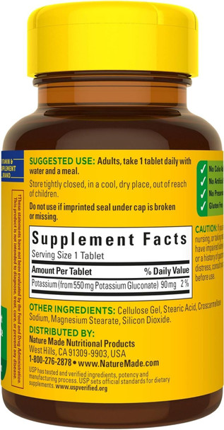 Nature Made Potassium Gluconate 550 mg, Dietary Supplement for Heart Health Support, 100 Tablets, 100 Day Supply