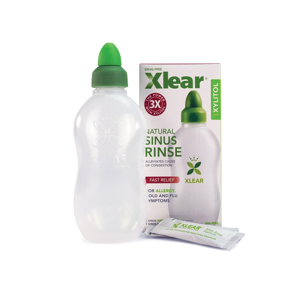 Xlear Natural Xylitol Nasal Irrigation System with 6 Saline Packets and 1 Sinus Rinse Bottle - Nose Cleaner for Fast Pressure and Congestion Relief (Pack of 1)