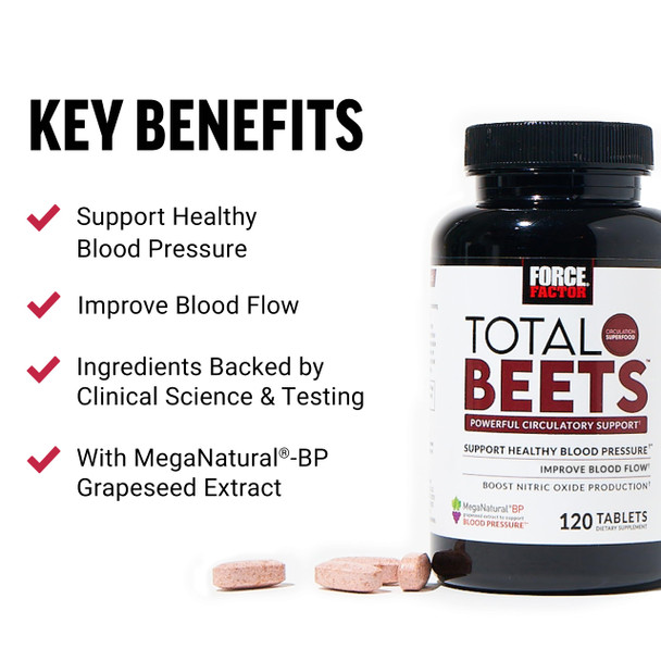Force Factor Total Beets Blood Pressure Support with Grape Seed Extract and Non GMO Beet Root Powder for Heart Health, Circulation, & Blood Flow, 120 Count