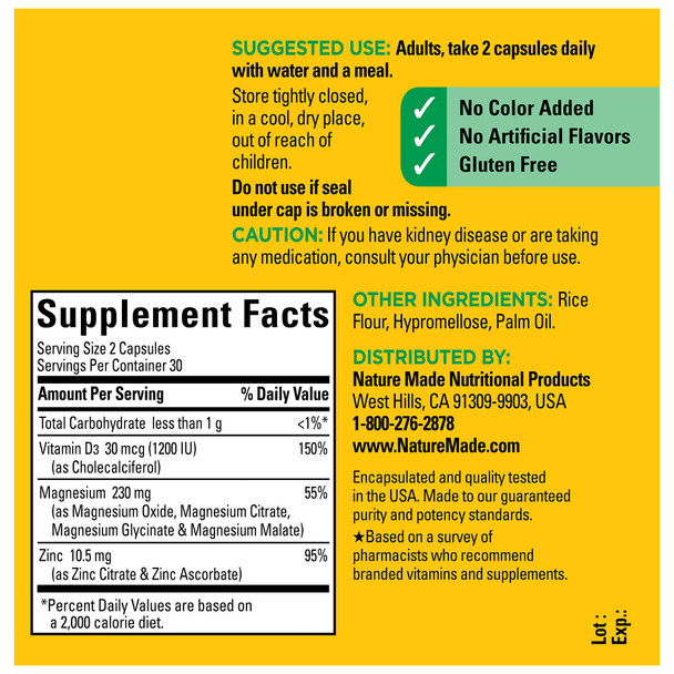 Nature Made Magnesium Complex Supplement with Vitamin D & Zinc for Immune Support, Magnesium Glycinate, Malate, Citrate & Oxide for Muscle, Nerve, Heart & Bone Support, 60 Capsules, 30 Day Supply