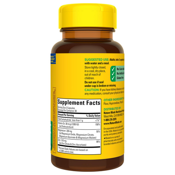 Nature Made Magnesium Complex Supplement with Vitamin D & Zinc for Immune Support, Magnesium Glycinate, Malate, Citrate & Oxide for Muscle, Nerve, Heart & Bone Support, 60 Capsules, 30 Day Supply