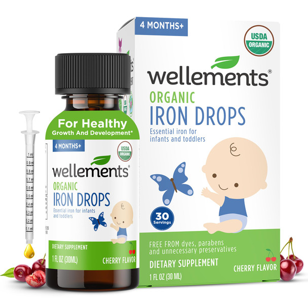 Wellements Organic Iron Drops for Newborn+ Babies (1 Fl Oz) - Cherry Flavor Liquid Iron Supplement for Infants - Toddler Iron Supplement for Kids (4months+ to 3 Years) - Supports Growth & Development*