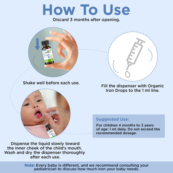 Wellements Organic Iron Drops for Newborn+ Babies (1 Fl Oz) - Cherry Flavor Liquid Iron Supplement for Infants - Toddler Iron Supplement for Kids (4months+ to 3 Years) - Supports Growth & Development*