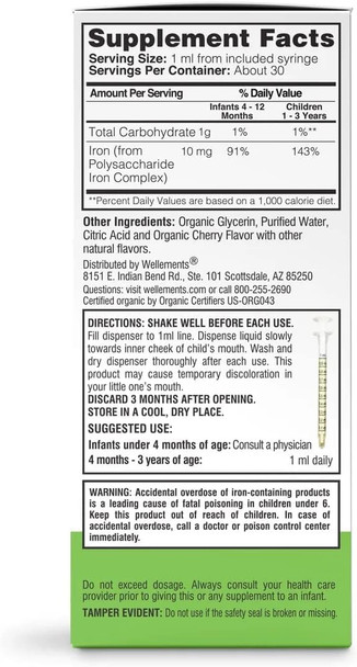 Wellements Organic Iron Drops for Newborn+ Babies (1 Fl Oz) - Cherry Flavor Liquid Iron Supplement for Infants - Toddler Iron Supplement for Kids (4months+ to 3 Years) - Supports Growth & Development*