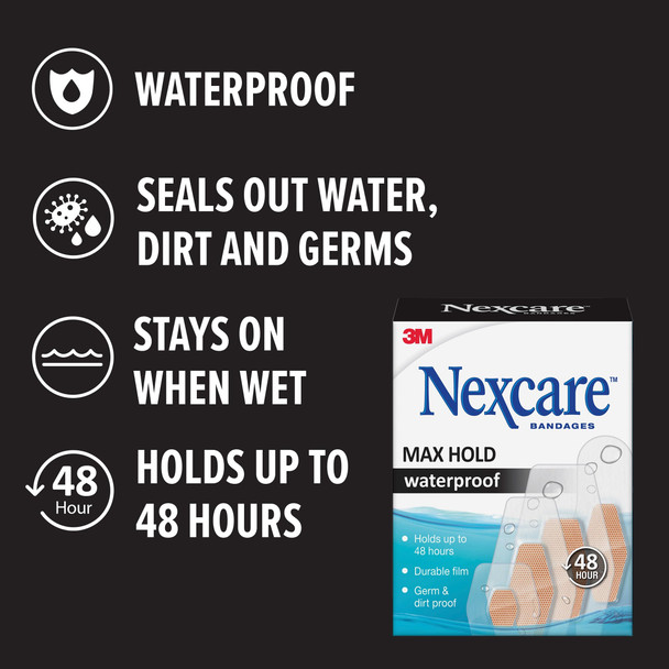 Nexcare Max Hold Waterproof Bandages, Stays On for 48 Hours, Flexible Bandages for Fingers, Knees and Heels - 60 Pack Clear Waterproof Bandages