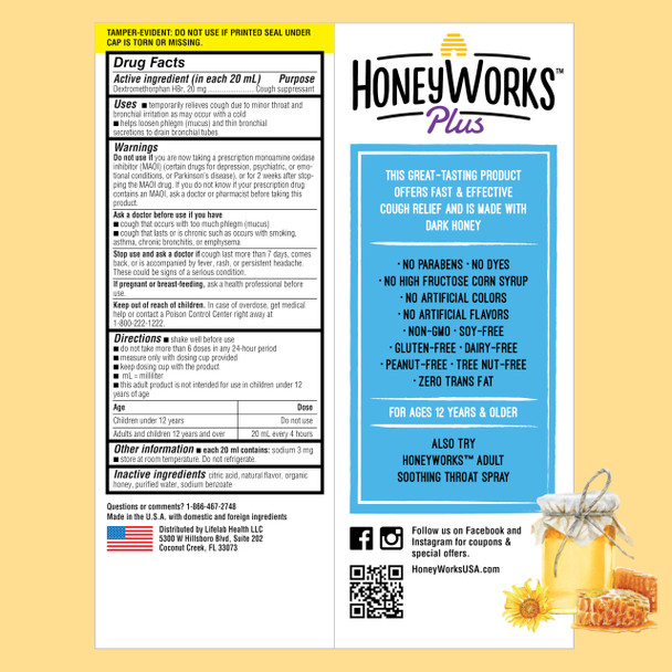 HoneyWorks Plus Cough Syrup with Organic Honey and DM, 8 Oz, Daytime Cough Suppressant for Adults & Kids 12+ Years, Helps Soothe Throat Irritation
