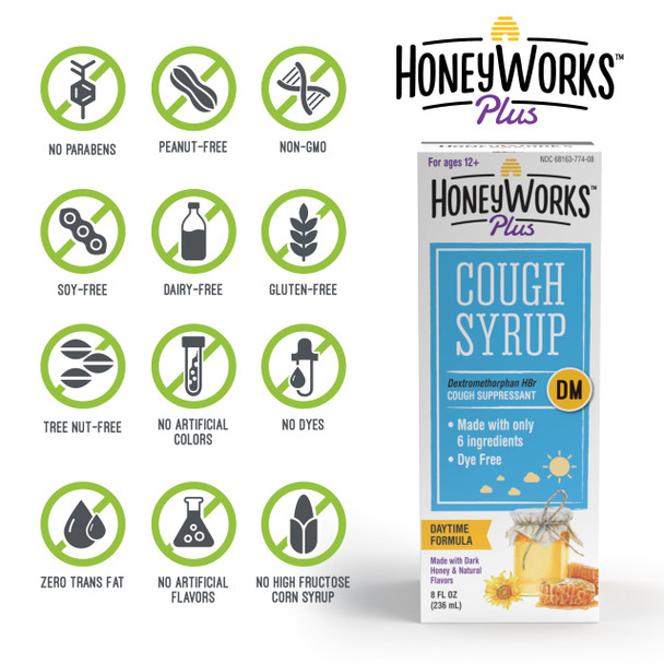 HoneyWorks Plus Cough Syrup with Organic Honey and DM, 8 Oz, Daytime Cough Suppressant for Adults & Kids 12+ Years, Helps Soothe Throat Irritation