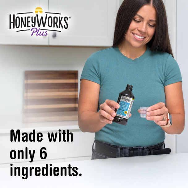 HoneyWorks Plus Cough Syrup with Organic Honey and DM, 8 Oz, Daytime Cough Suppressant for Adults & Kids 12+ Years, Helps Soothe Throat Irritation