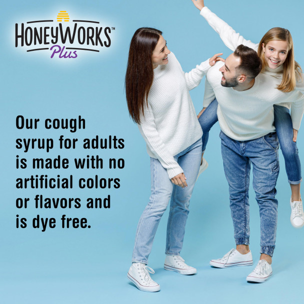 HoneyWorks Plus Cough Syrup with Organic Honey and DM, 8 Oz, Daytime Cough Suppressant for Adults & Kids 12+ Years, Helps Soothe Throat Irritation