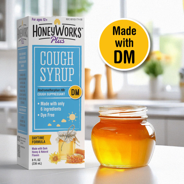 HoneyWorks Plus Cough Syrup with Organic Honey and DM, 8 Oz, Daytime Cough Suppressant for Adults & Kids 12+ Years, Helps Soothe Throat Irritation