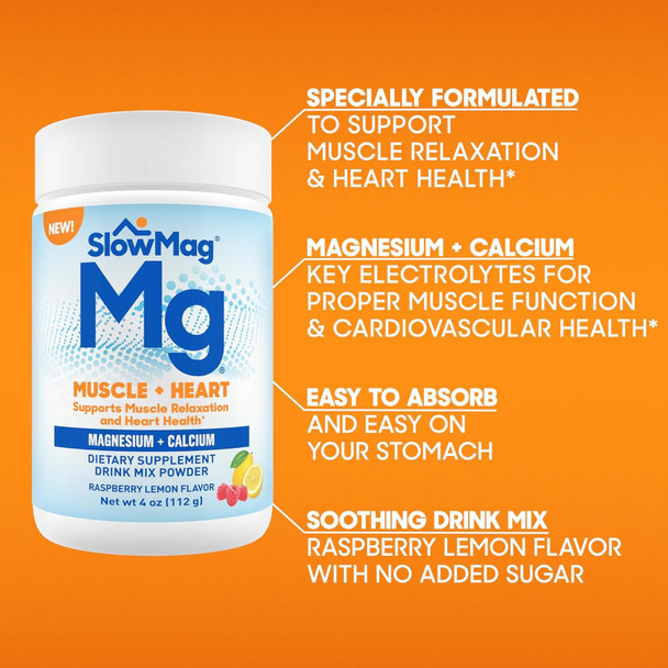 SlowMag® Magnesium Powder, Magnesium + Calcium Supplement Drink Mix, Raspberry Lemon Flavor, Supports Muscle Relaxation & Heart Health, 4oz