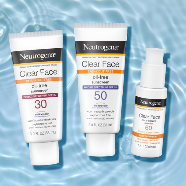 Neutrogena Clear Face Serum Sunscreen with Green Tea, Broad Spectrum SPF 60, Non-Comedogenic Face Sunscreen for Lightweight UVA/UVB Protection, Oxybenzone- & Fragrance-Free, 1.7 fl. oz